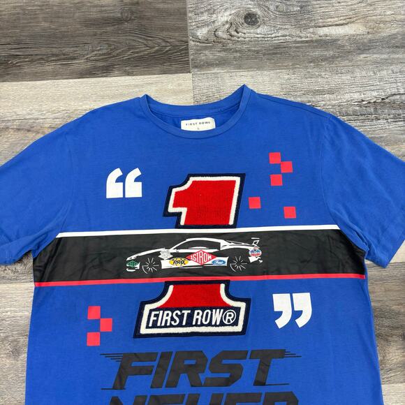 First Row First Never Last Blue Mens L Racing Sportscar Chenille Patch T-Shirt - Picture 3 of 12